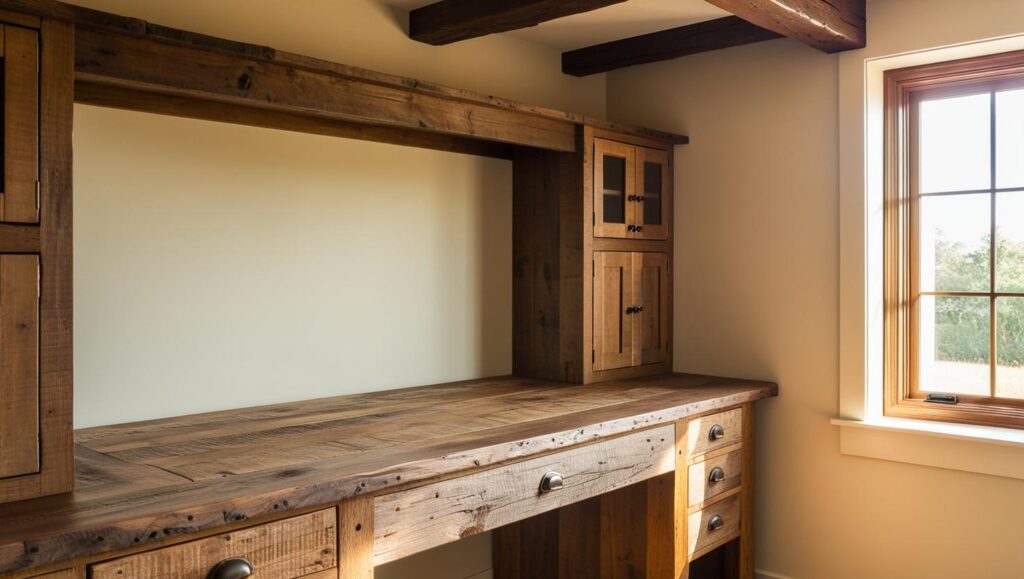 The Rustic Desk with Exposed Wooden Beams and Built-in Cabinets