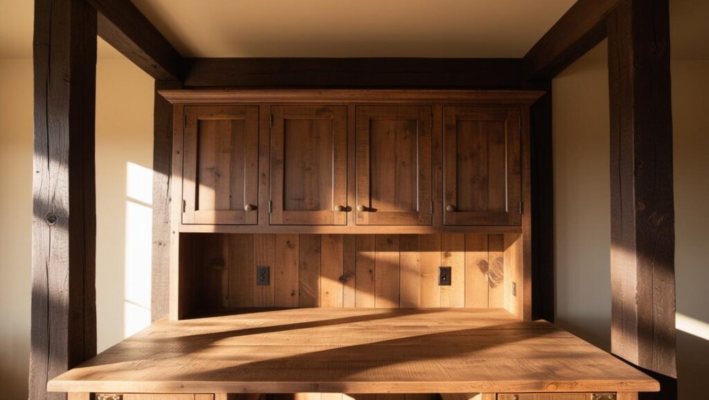 The Rustic Desk with Exposed Wooden Beams and Built-in Cabinets