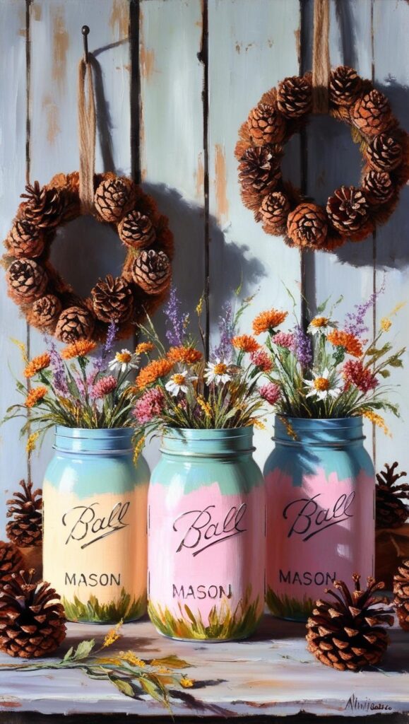 Painted Mason Jars: Rustic Vases